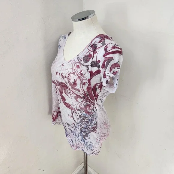 Maurices Womens Large V-Neck Burnout Graphic Tee Rhinestone Scroll Print - Picture 5 of 5